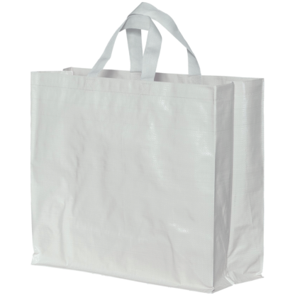 shopper riutilizzabili bianche in polipropilene laminato, in pronta consegna da magazzino, personalizzabili con grafica a uno o due colori su uno o due lati.